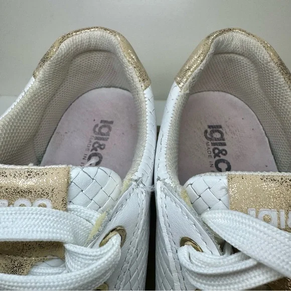 Igi & Co White Woven Leather Platform Sneakers Zip Side Gold Accents Sz Womens 7 - Picture 12 of 16